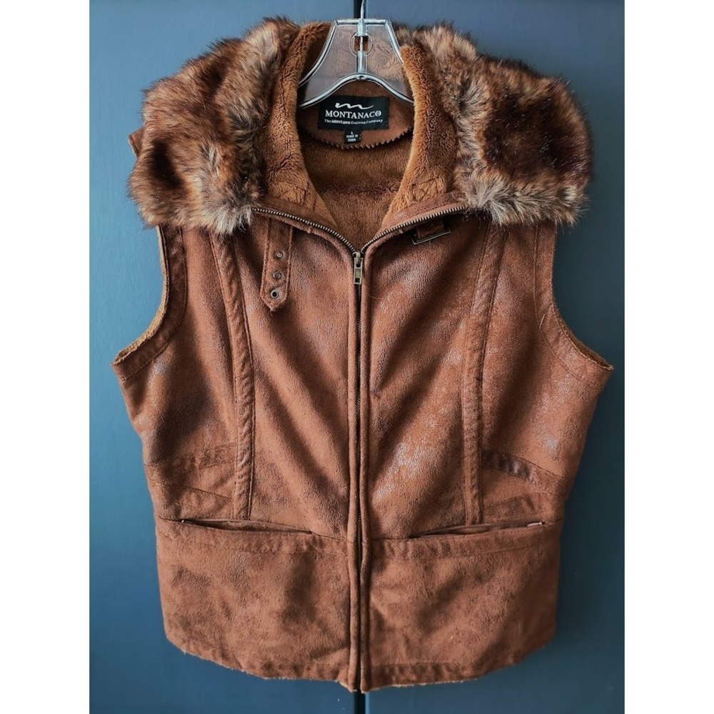 MONTANACO Womens Brown‎ Faux Suede Fur Lined Vest with Zip Pockets Size L